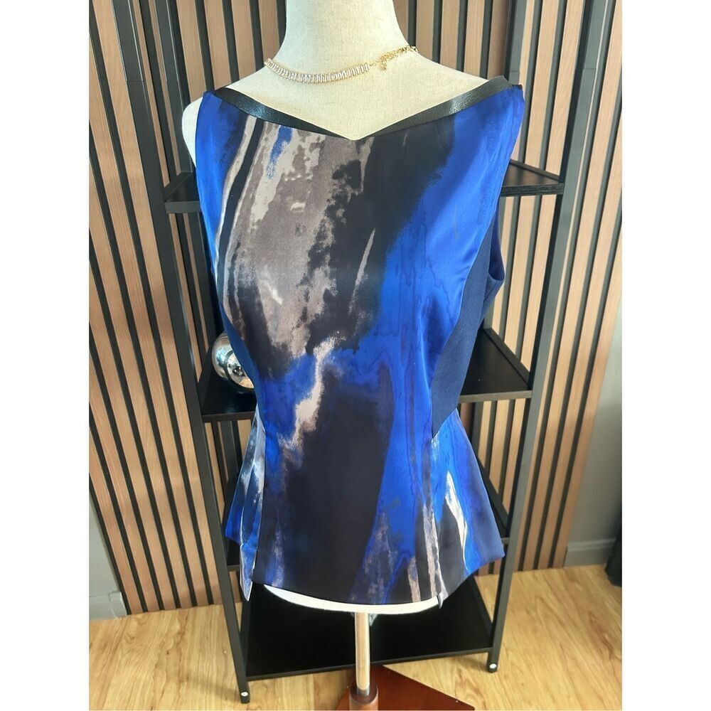 Tahari blue lined blouse top with leather accent size small classy office wear